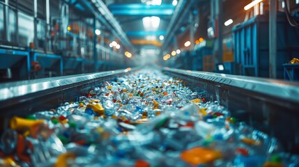 A conveyor belt is filled with plastic bottles