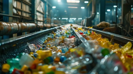 A conveyor belt full of plastic bottles