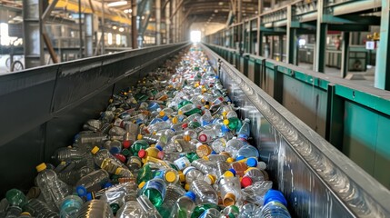 A conveyor belt full of plastic bottles