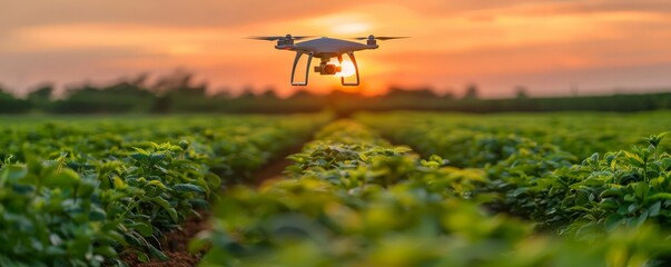 A drone is flying over a field of green plants
