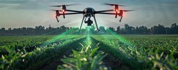 A drone is flying over a field of green plants