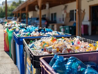 A pile of plastic bottles are in a row, with some of them being blue