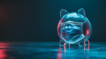 Piggy bank wearing a face mask illuminated in neon light, concept of financial health and pandemic impact on savings
