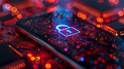 Advanced cyber security on a smartphone circuit, vivid depiction of digital protection technology, Concept of cybersecurity, data privacy, and modern computing