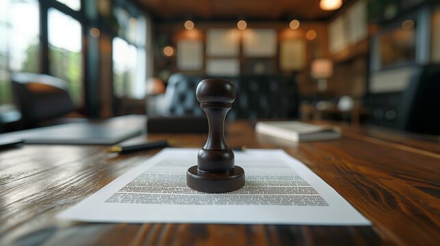 Wooden stamp on legal document in elegant office, symbolizing authority and agreement in professional settings, Concept of legal, business, and documentation authenticity
