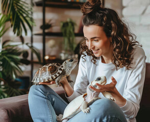 woman sitting on a sofa while holding a chinchilla and petting a chameleon’s head