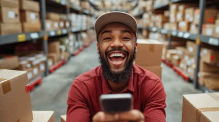 Warehouse employee with a cheerful expression using a smartphone, symbolizing efficient logistics and employee satisfaction, Concept of logistics, communication, and workplace happiness