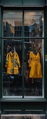 Imagine a high street window display featuring sustainable fashion brands, with informative posters about the environmental benefits of each garment