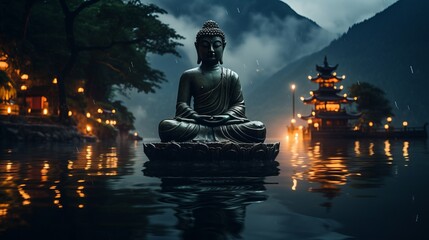 水面に座る仏陀像,Generative AI AI画像 - obrazy, fototapety, plakaty