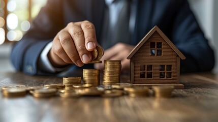 Businessman stacking coins next to a wooden house model, symbolizing investment and savings in real estate, Concept of property investment, financial planning, and asset growth