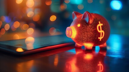 Glowing piggy bank on laptop keyboard illuminated by blue lights concept of online banking and financial technology