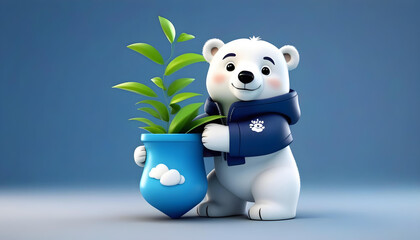 A 3D illustration of a polar bear with a dark blue coat holding a pot of plant in its paw