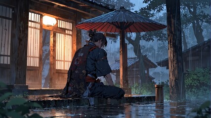 A man in kimono meditating in a traditional shrine during the rain at night.