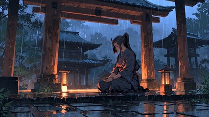 A woman in kimono meditating in a traditional shrine during the rain at night.