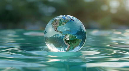 A glass sphere with the Earth inside, floating on water, symbolizing global environmental protection