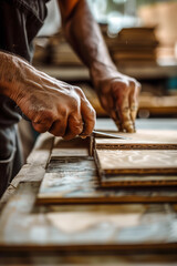 A man is cutting wood with a saw