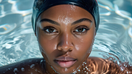 Streamlined Aquatic Style: Swim Cap on Black Swimmer, Hydrodynamic Elegance: Swim Cap for African-American Athlete, Dynamic Swimwear: Black Female Athlete in Swim Cap