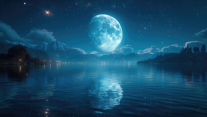 full moon reflects on a lake