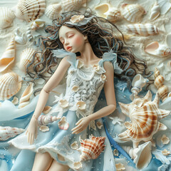 Dreamy Doll in Blue Dress Seashell Background
