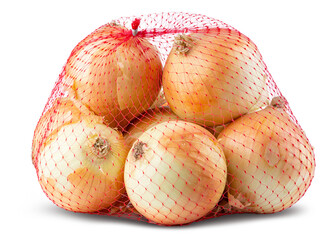Onion. Mesh, bag of yellow onions. Bunch sweet fresh, organic onion for vegetarian salad. Cooking vegetables. Grocery store. Produce of USA. 3LB 1.36KG. High resolution food photo. Isolated background