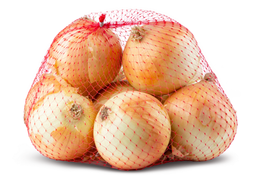 Onion. Mesh, bag of yellow onions. Bunch sweet fresh, organic onion for vegetarian salad. Cooking vegetables. Grocery store. Produce of USA. 3LB 1.36KG. High resolution food photo. Isolated background