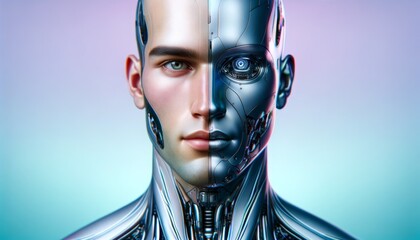 A man's face is split into two, one side is silver and the other is blue. The image is of a robot or a man with a robotic face