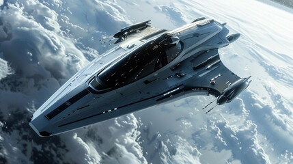 A futuristic spacecraft soaring through the cosmos, its sleek design outlined in precise black lines against a vast white expanse