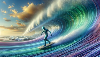 A man surfing a wave of binary code on a hoverboard. The man wears a high-tech suit. The colors and the wave create a sense of excitement