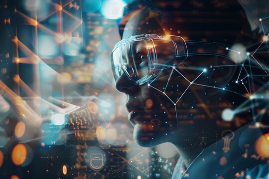 a person in a lab coat and safety goggles, merged with a backdrop of chemical formulas and molecular structures, symbolizing the role of science in industrial innovation - Powered by Adobe