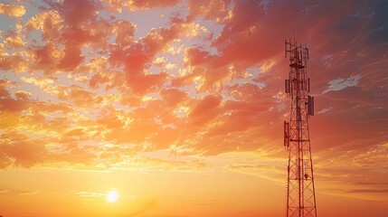 Obraz premium Detailed view of a signal tower at sunset, long-distance communication infrastructure