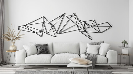 A geometric design created in black sketch against a white living room wall