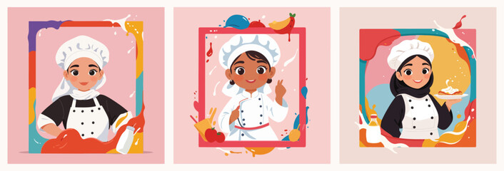 Set of Moslem Woman Chef Mascot - Adorable Hijab Chef - Elegance Within Vibrant Frame and Colorful Splatters.