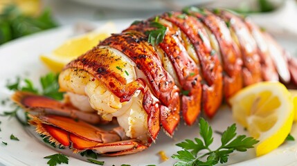Lobster Tail, a succulent lobster tail on a white plate, garnished with lemon wedges and parsley
