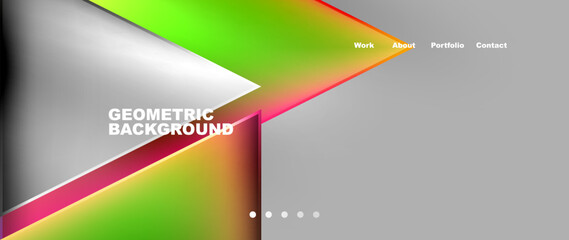 A vibrant geometric background featuring colorful arrows on a gray backdrop, with a mix of rectangles, triangles, circles, and liquid patterns in magenta tints and shades