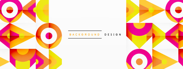 Vibrant geometric pattern featuring circles and triangles in magenta and electric blue on a white background, creating a symmetrical and colorful art piece