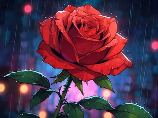 A magnificent red rose blooming during the night rain with vibrant colors.