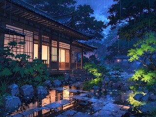 A gorgeous traditional Japanese garden with beautiful flowers in the night rain.