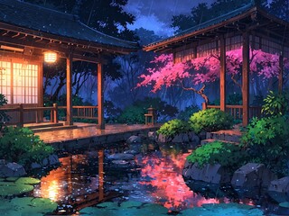 A gorgeous traditional Japanese garden with colorful flowers in the night rain.