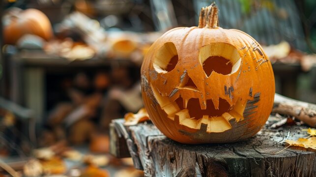 Halloween pumpkins with scary faces on wooden stump in autumn garden