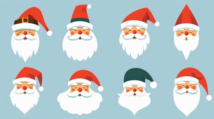 Set of Santas hats and beards in the flat style. Christmas concept. cartoons. Illustrations