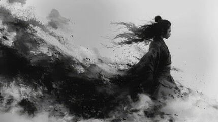 Obraz premium 墨絵で描いた侍の立ち姿,Generative AI AI画像