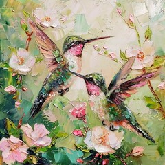Deux colibris envolés. deux colibris volent au-dessus de fleurs colorées dans une peinture artistique.