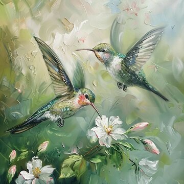 Deux colibris virevoltent au-dessus de fleurs color&eacute;es dans cette peinture artistique.