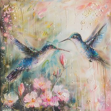 Deux colibris color&eacute;s volent pr&egrave;s de fleurs roses, sur un fond abstrait lumineux et textur&eacute;.