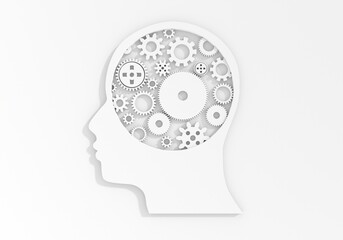 Human head with gear wheels inside. Productivity, effectiveness concept. Intelligence and knowledge development with brain performance. Gears and technical wheels as thoughts. 3D render