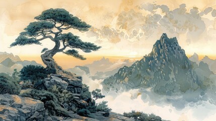 松の木と山並みの水墨画,Generative AI AI画像