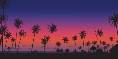 Silhouetted coconut palm trees at the beach with dramatic sky rectangle background vector illustration. Summer traveling and party at the beach concept flat design with blank space.