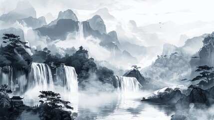 水墨画の滝風景,Generative AI AI画像