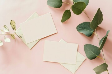 Minimalist blank greeting post card design template with soft pink background and green leaves decoration