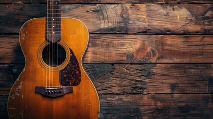 Acoustic guitar on rustic wooden background